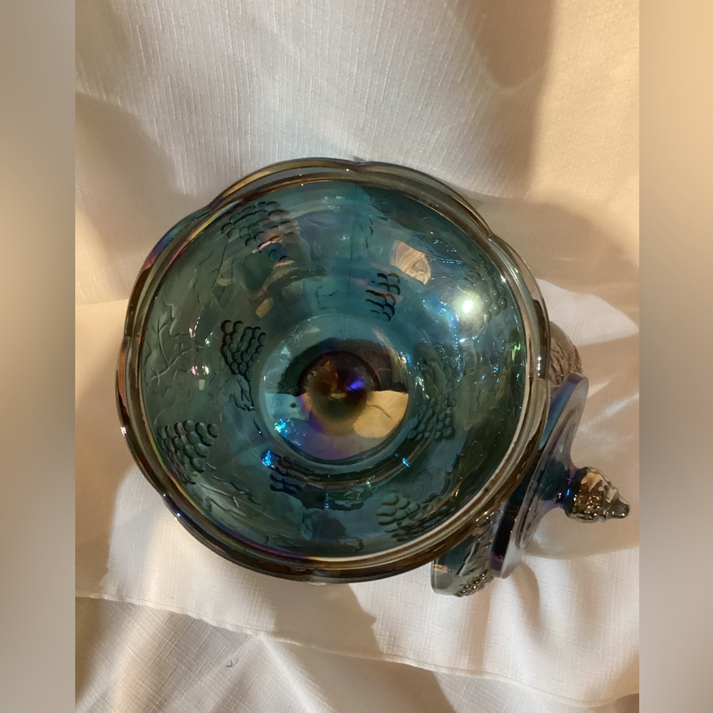 Vtg Indiana Glass Blue Carnival Harvest Grape Pedestal Lidded Compote/Candy Dish - Picture 3 of 4
